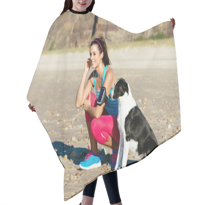 Personality  Fitness Woman And Dog On Beach Hair Cutting Cape