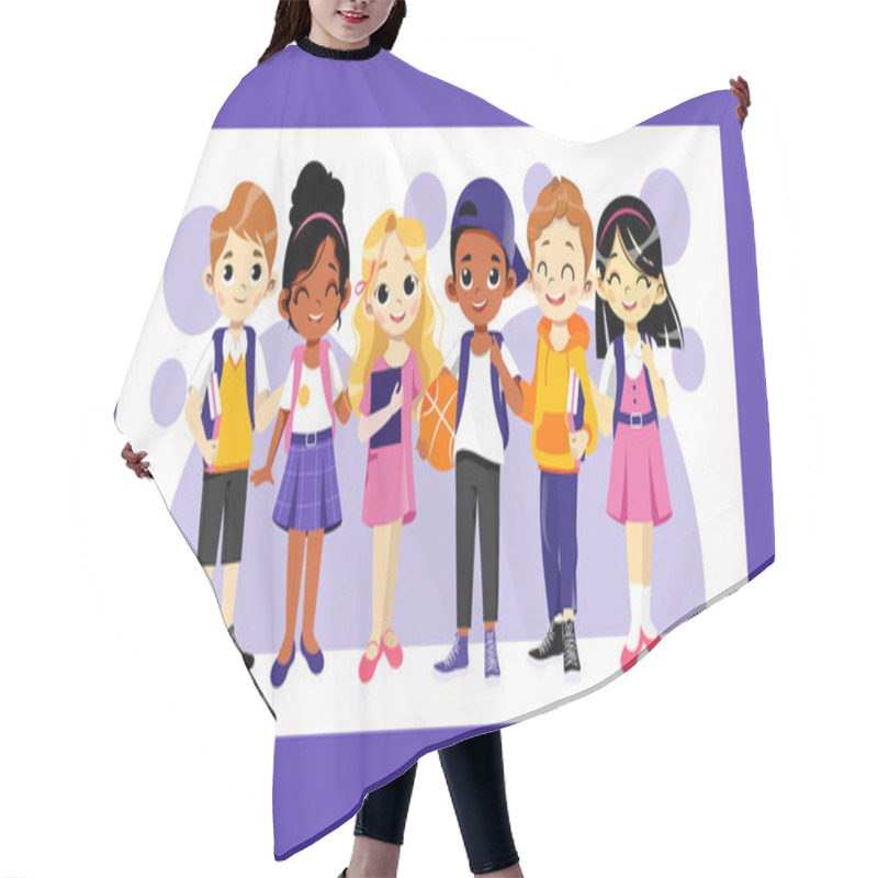 Personality  Concept Of Back To School. Multi Ethnic Teens Set. Kids Ready To Study In New Academic Year. Happy Children Standing In A Row. Boys And Girls With School Items. Cartoon Flat Style Vector Illustration Hair Cutting Cape