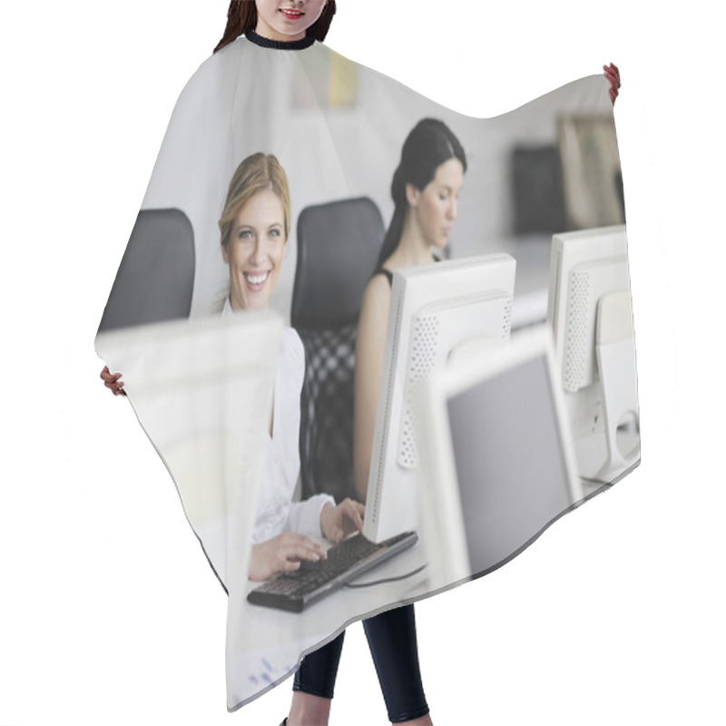 Personality  Business Group Working In Customer And Help Desk Office Hair Cutting Cape