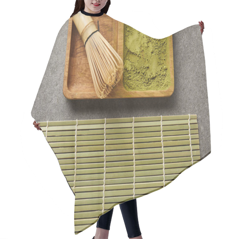 Personality  Top View Of Bamboo Whisk And Green Matcha Powder On Board Near Table Mat Hair Cutting Cape