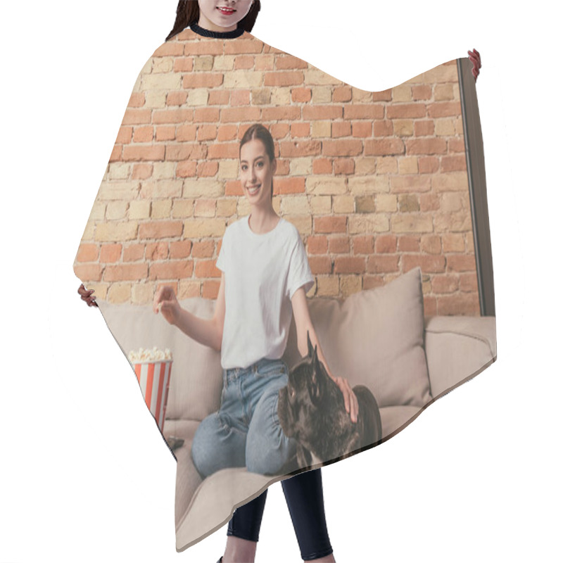 Personality  Happy Woman Holding Popcorn And Sitting On Sofa With Cute French Bulldog Hair Cutting Cape