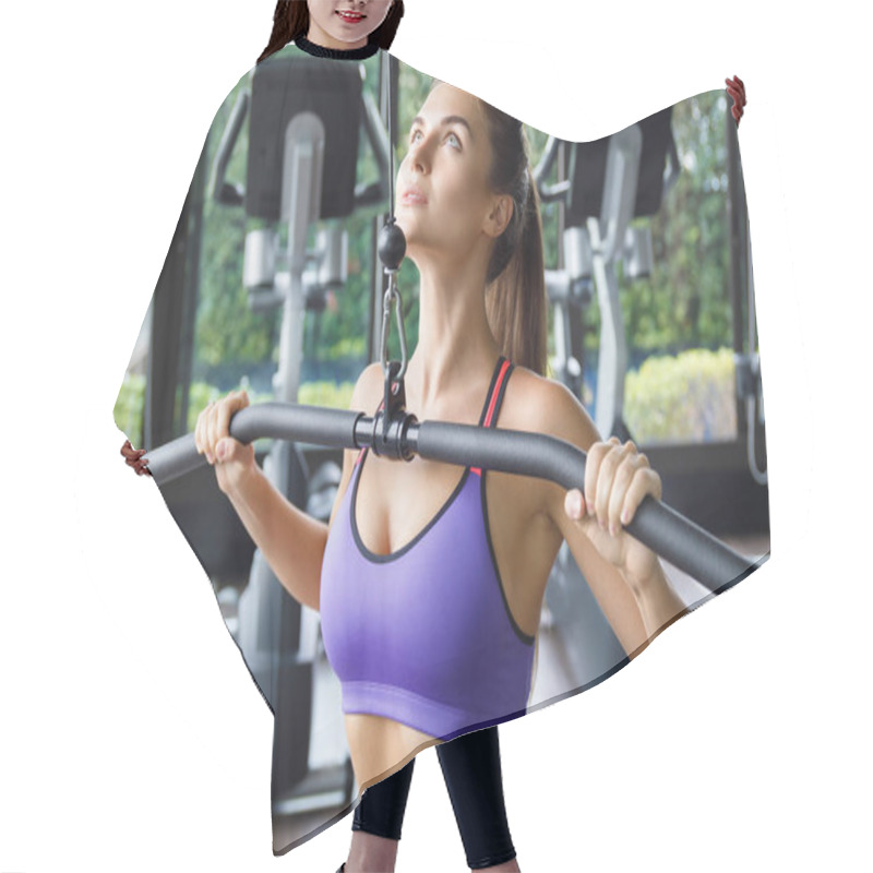 Personality  Woman Doing Exercise For Her Back - Lat Pulldown Hair Cutting Cape