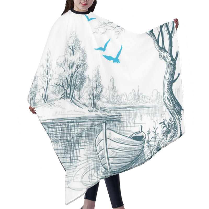 Personality  Boat On River Delta Vector Sketch Hair Cutting Cape