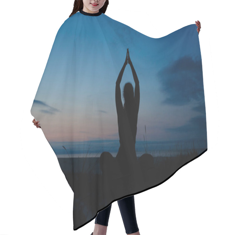 Personality  Silhouette Of Young Woman Practicing Yoga, Lotus Position, And Meditating On The Beach Hair Cutting Cape