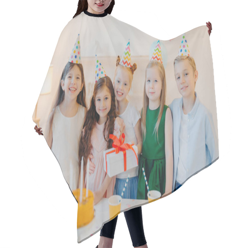 Personality  Glad Birthday Girl Stands With Presenet, Happy Friends Come To Congratulate Her, Wear Party Cone Hats, Stand Near Festive Table With Cake, Smile Joyfully, Celebrate Festive Event Hair Cutting Cape