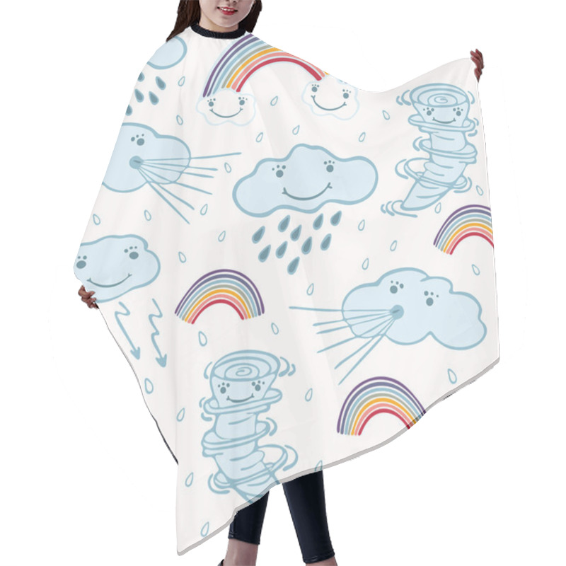 Personality  Cute Vector Cartoon Weather Clouds And Rainbow . Seamless Repeat Pattern With Thunder, Rain, Lightening , Tornado Twister. Flat Color In Kawaii Happy Face Style For Kids. Hair Cutting Cape