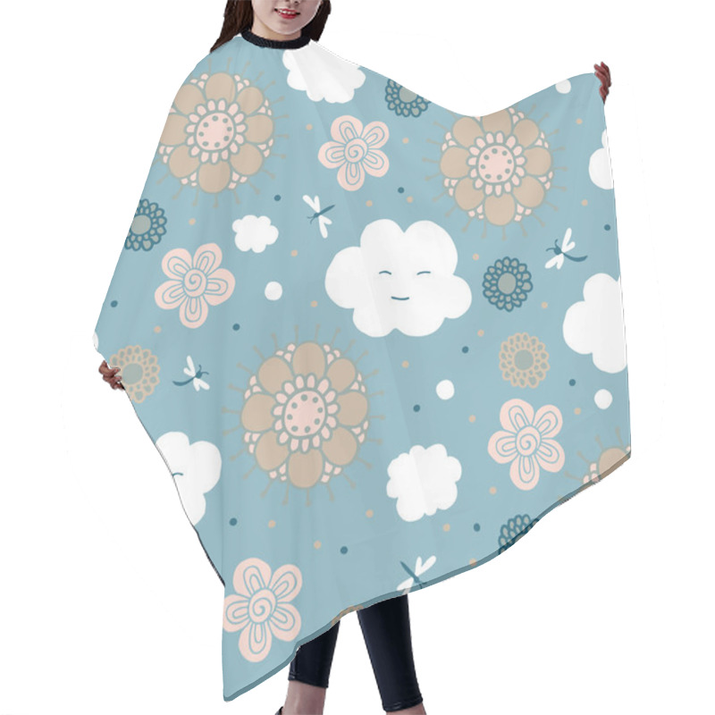 Personality  Sky. Clouds And Flowers Are Stylized For Children's Drawing. Seamless Pattern. Hair Cutting Cape