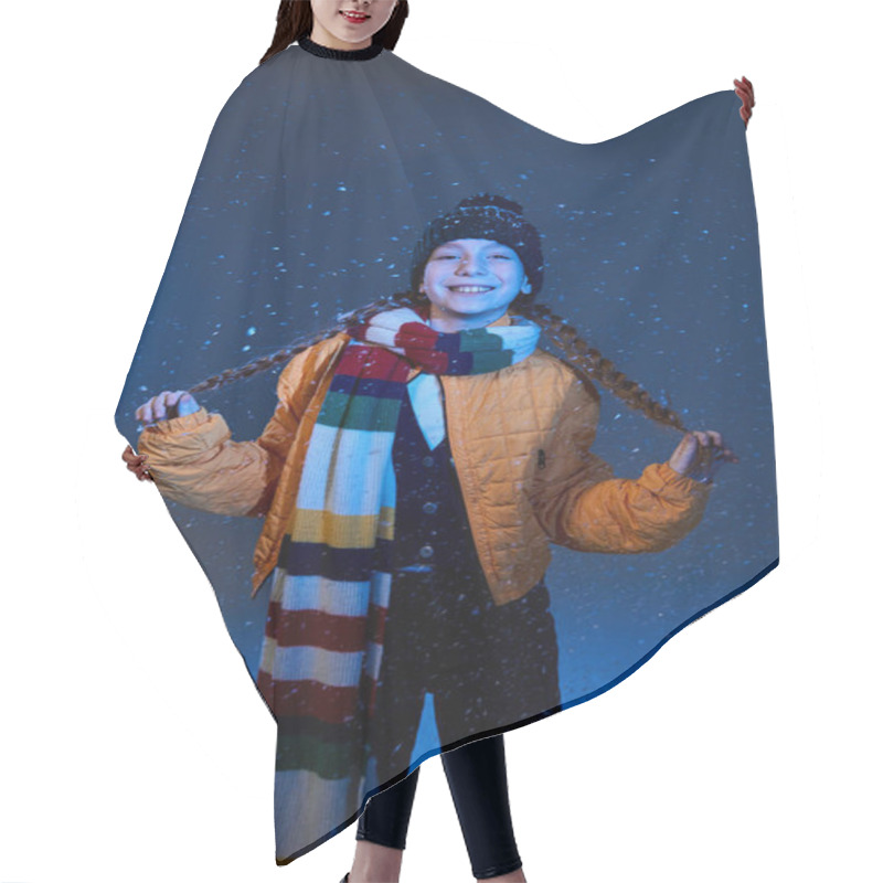 Personality  A Cheerful Girl Stands Amid Gently Falling Snow, Showcasing Warm Winter Clothes With Joy. Hair Cutting Cape