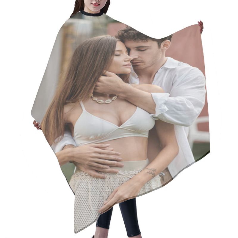 Personality  Handsome Man Hugging Tattooed Girlfriend In Crop Top And Standing Together Outdoors, Romance Hair Cutting Cape