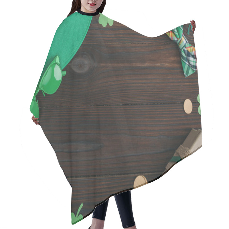 Personality  Top View Of Golden Coins, Gift Box And Green Accessories On Wooden Table Hair Cutting Cape