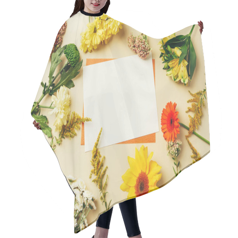 Personality  Flat Lay With Wildflowers And Empty Cards Arrangement On Beige Backdrop Hair Cutting Cape