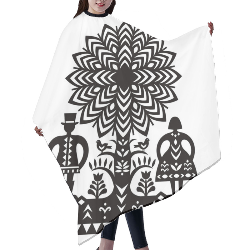 Personality  Polish Folk Art Vector Pattern With Man In Hat, Woman And Birds Kurpiowskie Leluje Wycinanki - Kurpie Paper Cut Outs Design In Black And White Hair Cutting Cape