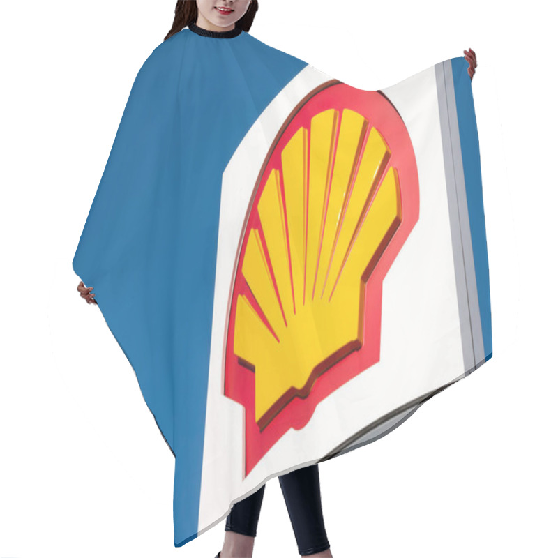 Personality  Royal Dutch Shell Gas Station Signage Shell Symbol Sign Up Close, Detail Shell Brand Logo Closeup, Oil And Gas Company, Worldwide Gas, Petrol Distributor Hair Cutting Cape