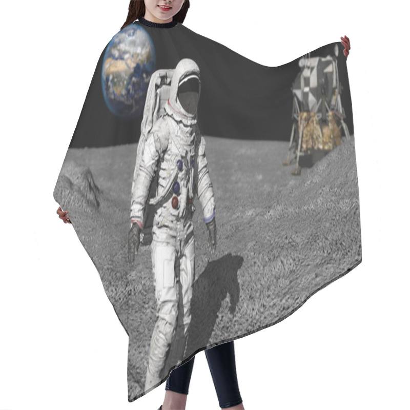 Personality  3D Rendering. Astronaut Walking On The Moon. CG Animation. Elements Of This Image Furnished By NASA. Hair Cutting Cape