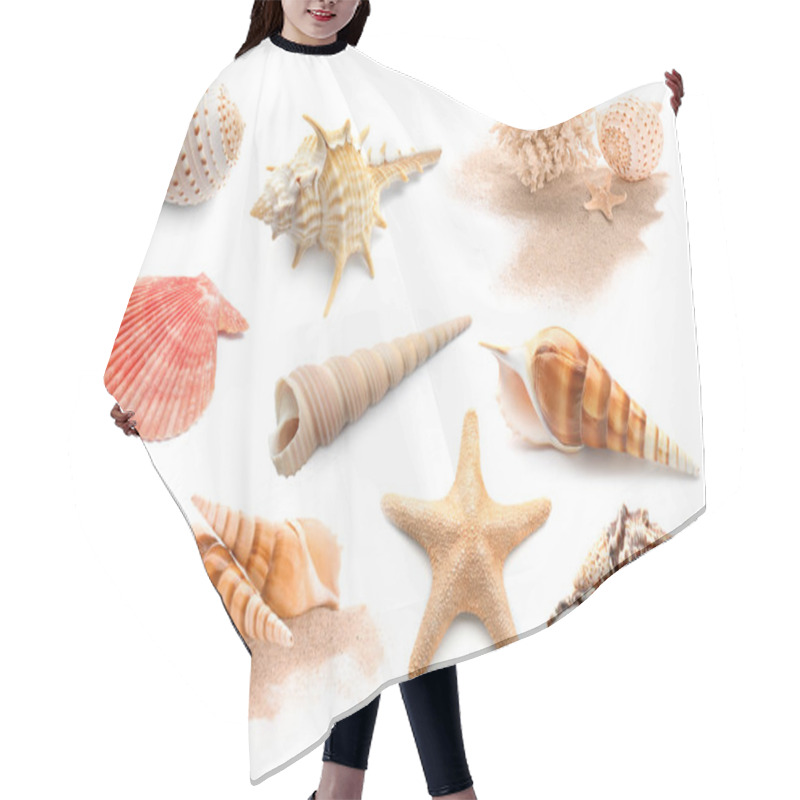 Personality  Different Seashells With Starfishes And Coral On White Background Hair Cutting Cape