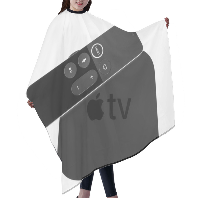 Personality  UFA, RUSSIA - 16 JUNE, 2018: Apple Announced The 5th Generation Apple TV, Named Apple TV 4K, Which Supports 2160p Output, HDR10, Dolby Vision, And Includes A Faster Apple A10X Fusion Processor Hair Cutting Cape