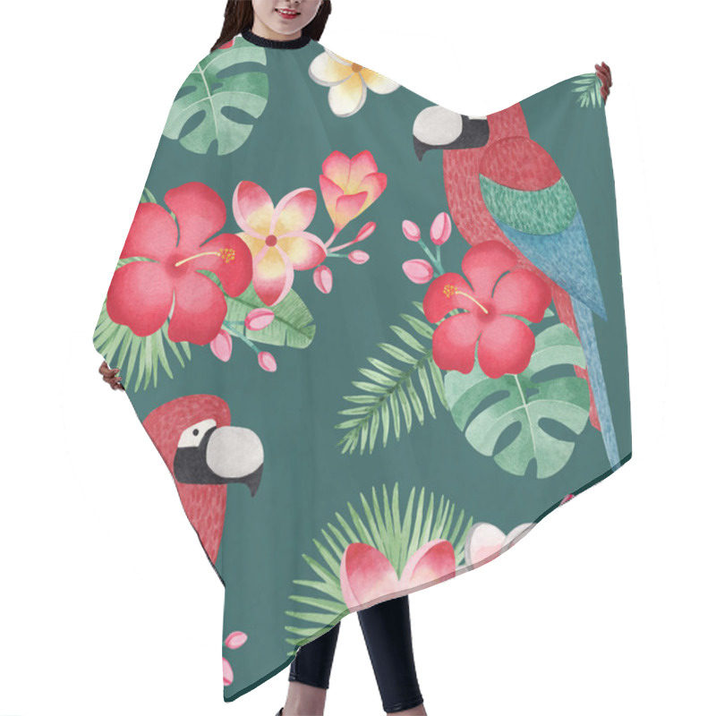 Personality  Watercolor Illustrations Of Parrots, Tropical Flowers And Leaves. Seamless Tropical Pattern Hair Cutting Cape