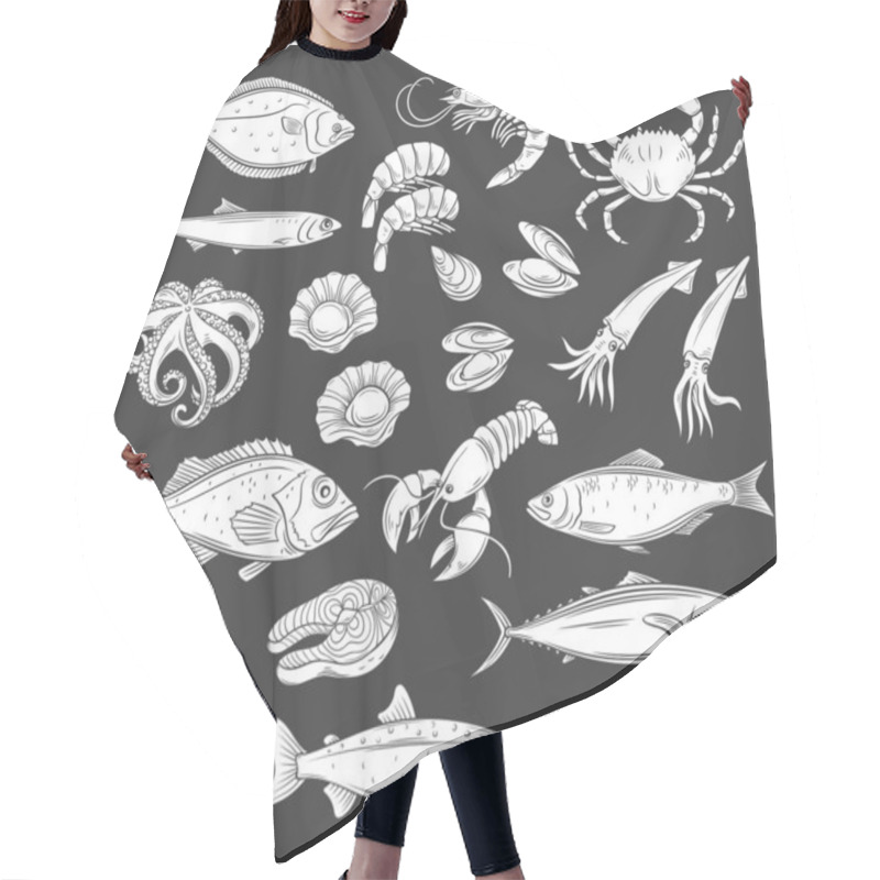 Personality  Seafood Icon Set, White On Black Hair Cutting Cape