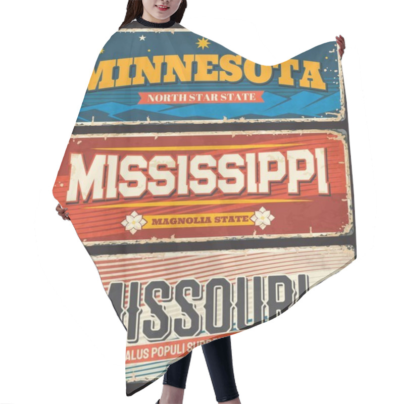 Personality  USA Mississippi, Minnesota And Missouri America States Plates And Vector Retro Signs. US American State Rusty Metal Plates With City Motto And Taglines, USA Landmarks Flags And Grunge Signage Hair Cutting Cape