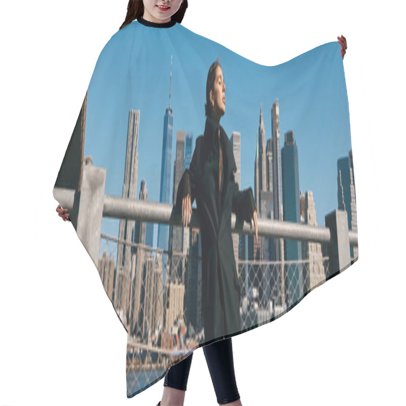 Personality  A Young Woman Dances On The Brooklyn Bridge, Facing The Manhattan Skyline. Hair Cutting Cape