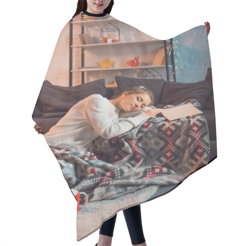 Personality  Beautiful Smiling Woman Sleeping With Book At Home In Patterned Blanket On Christmas Eve Hair Cutting Cape