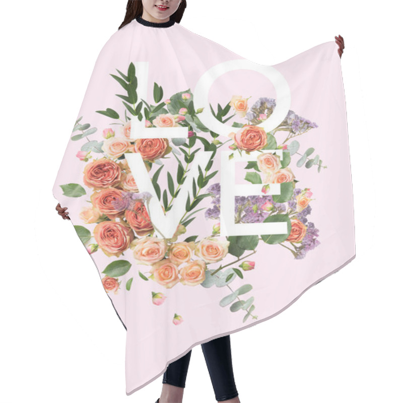 Personality  Creative Collage With Floral Wreath And Leaves On Pink With LOVE Sign Hair Cutting Cape