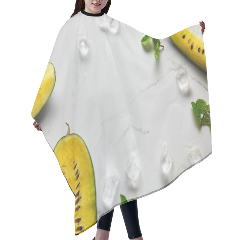 Personality  Top View Of Cut Delicious Exotic Yellow Watermelon With Seeds On Marble Surface With Mint, Ice And Copy Space Hair Cutting Cape