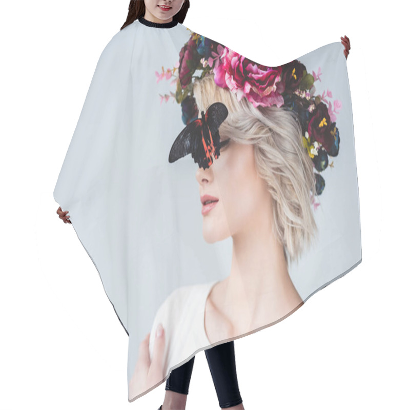 Personality  Stylish Girl Posing In Floral Wreath With Beautiful Alive Butterfly On Face, Isolated On Grey Hair Cutting Cape