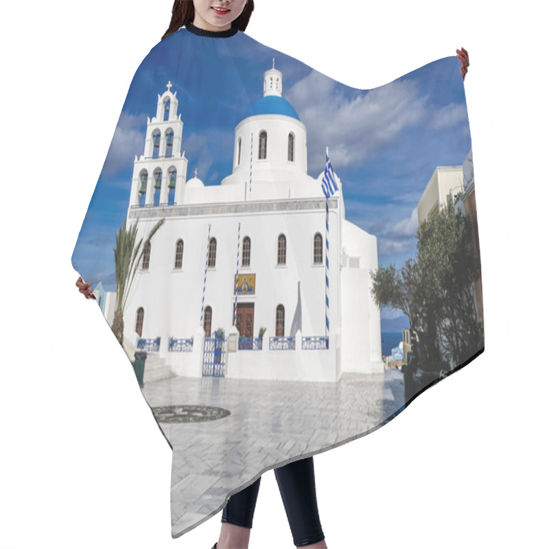 Personality  SANTORINI, GREECE - APRIL 10, 2020: Orthodox Panagia Platsani Church With Bells  Hair Cutting Cape