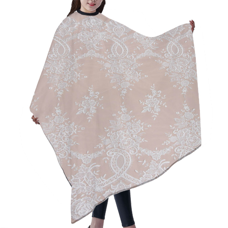 Personality  Texture Lace Fabric. Lace On White Background Studio. Thin Fabric Made Of Yarn Or Thread. A Background Image Of Ivory-colored Lace Cloth. White Lace On Beige Background. Hair Cutting Cape