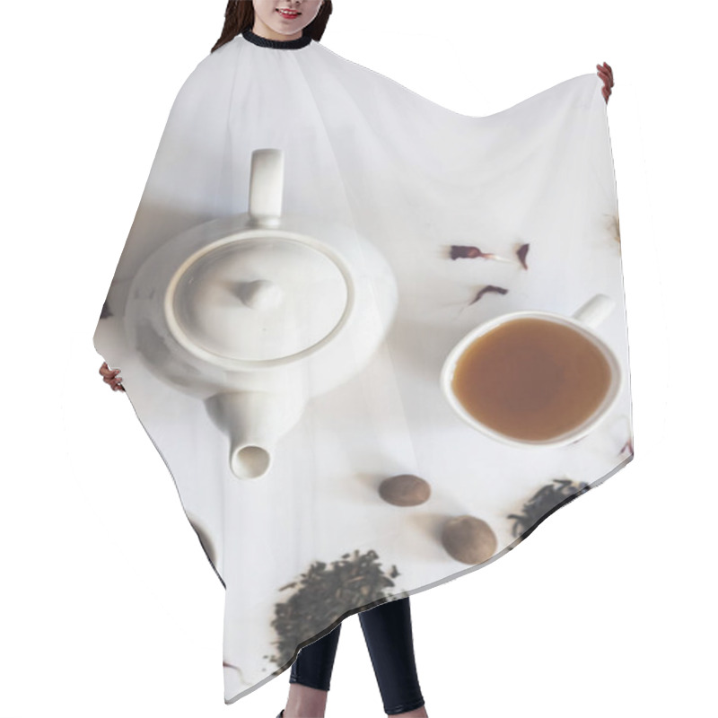 Personality  Tea Set With White Ceramic Tea Pot, Dried Rose Flowers And Other Tea Ingredients On The White. Flat Lay View Of Various Dried Teas And Teapot. View From Above. Space For Your Text Hair Cutting Cape