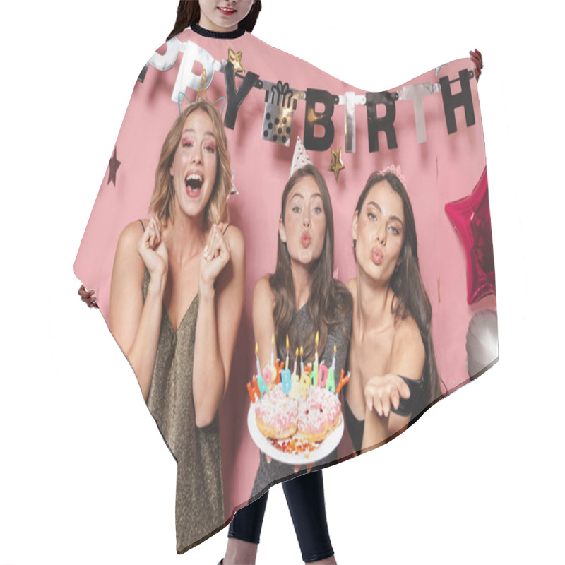 Personality  Image Of Adorable Party Girls Holding Birthday Cake With Candles Hair Cutting Cape