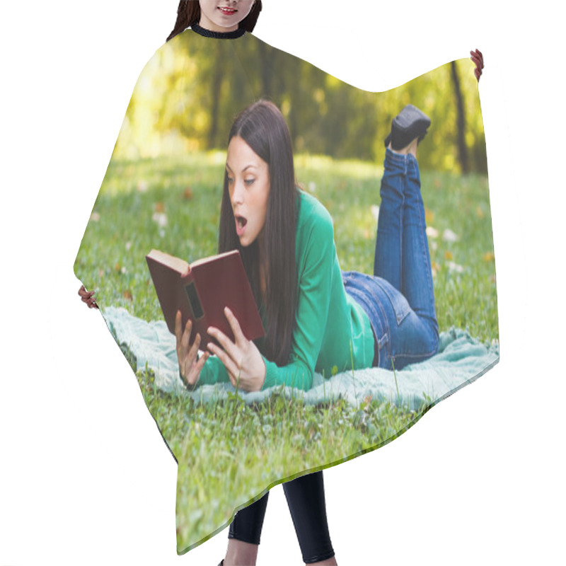 Personality  Woman Suprised Reading A Book Outdoors Hair Cutting Cape