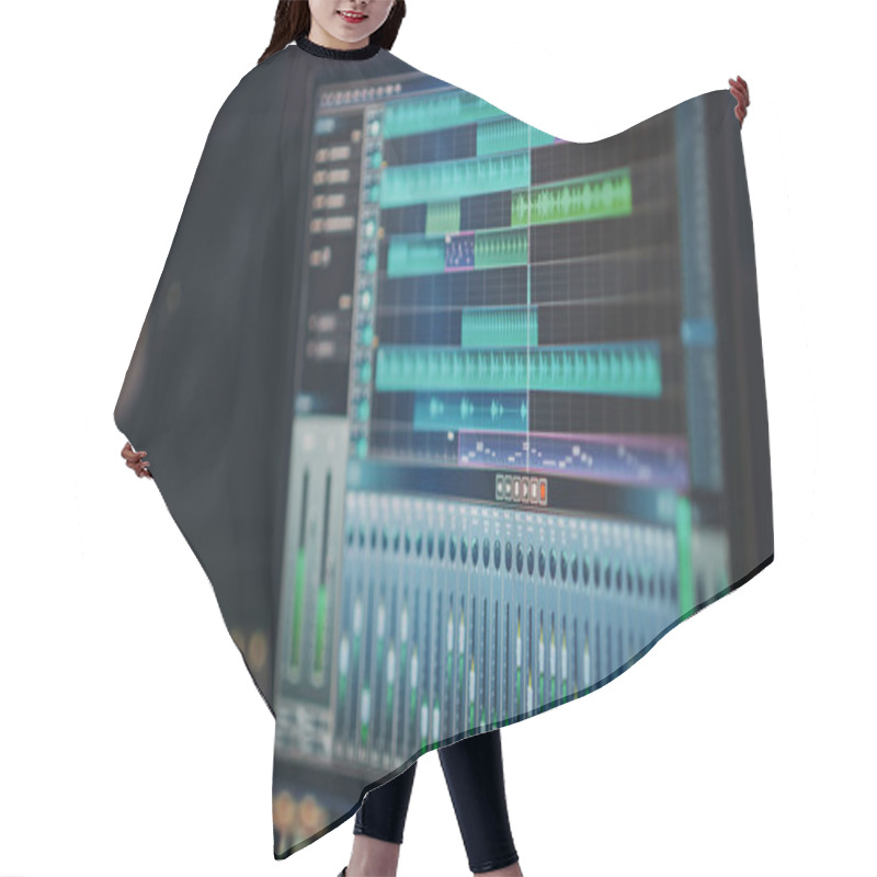 Personality  Modern Music Recording Studio Equipment: Computer Screen Showing User Interface Of DAW Digital Audio Workstation Software With Track Song Playing. Sound And Music Recording And Editing Application Hair Cutting Cape