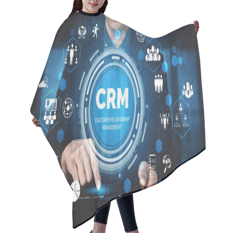 Personality  CRM Customer Relationship Management For Business Sales Marketing System Concept Presented In Futuristic Graphic Interface Of Service Application To Support CRM Database Analysis. Hair Cutting Cape