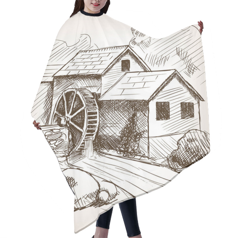 Personality  Water Mill Hand Drawn Sketch Vector Hair Cutting Cape