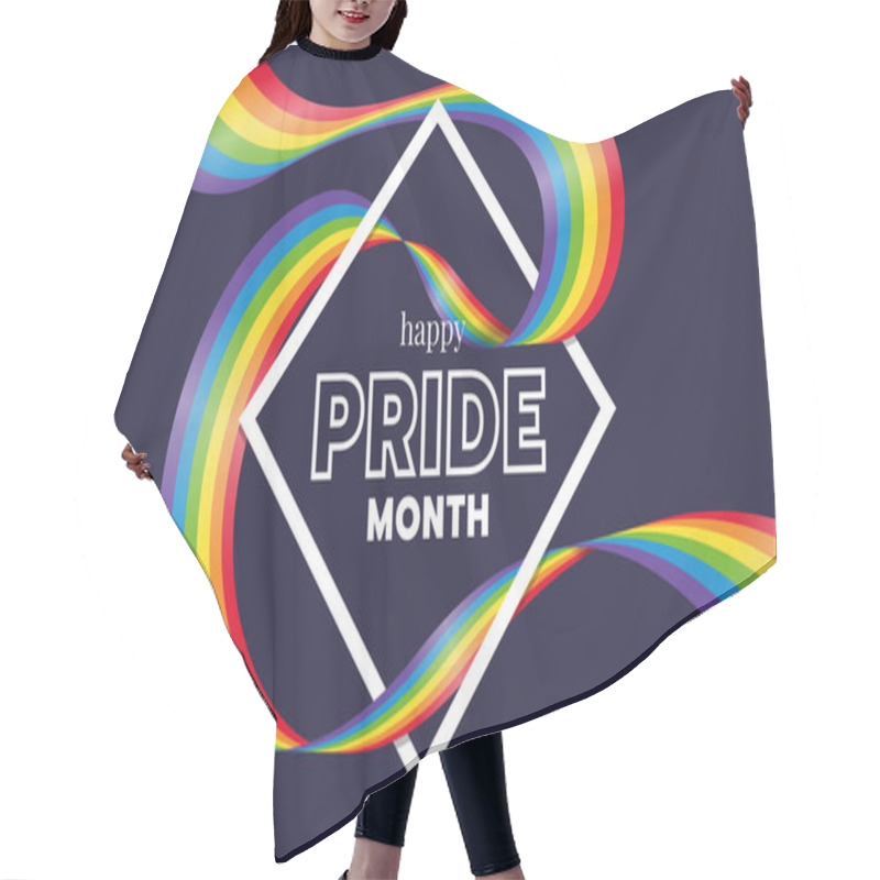 Personality  Happy Pride Month Text Word In Diamond Square Frame And Rainbow Gay Pride Flag Wave Around On Dark Purple Background Vector Design Hair Cutting Cape