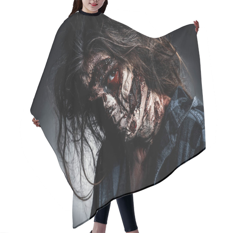 Personality  Scary Zombie On Dark Background, Closeup. Halloween Monster Hair Cutting Cape