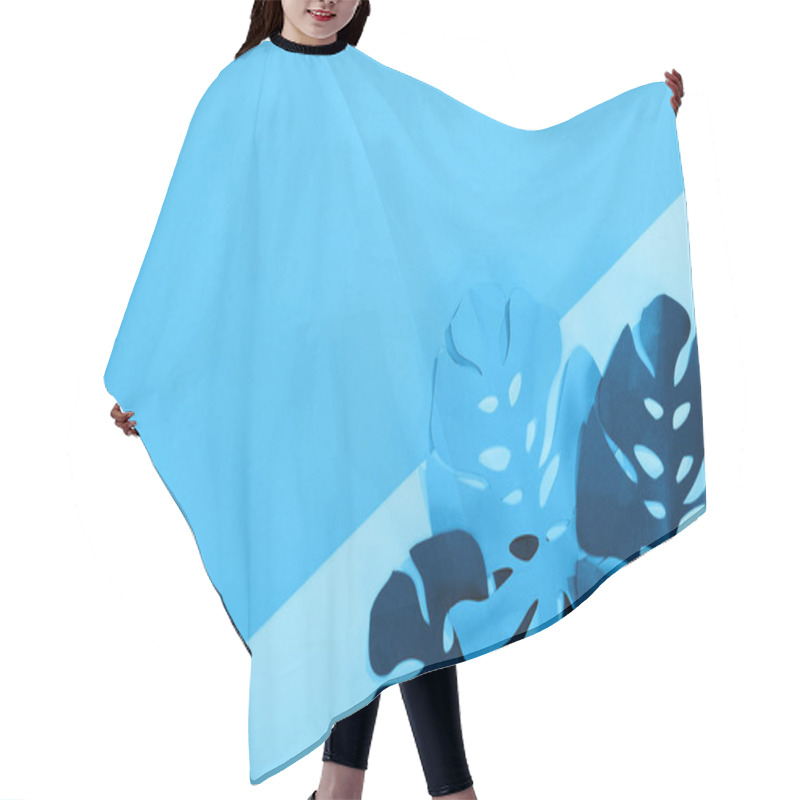 Personality  Top View Of Paper Tropical Leaves On Blue Minimalistic Background With Copy Space Hair Cutting Cape