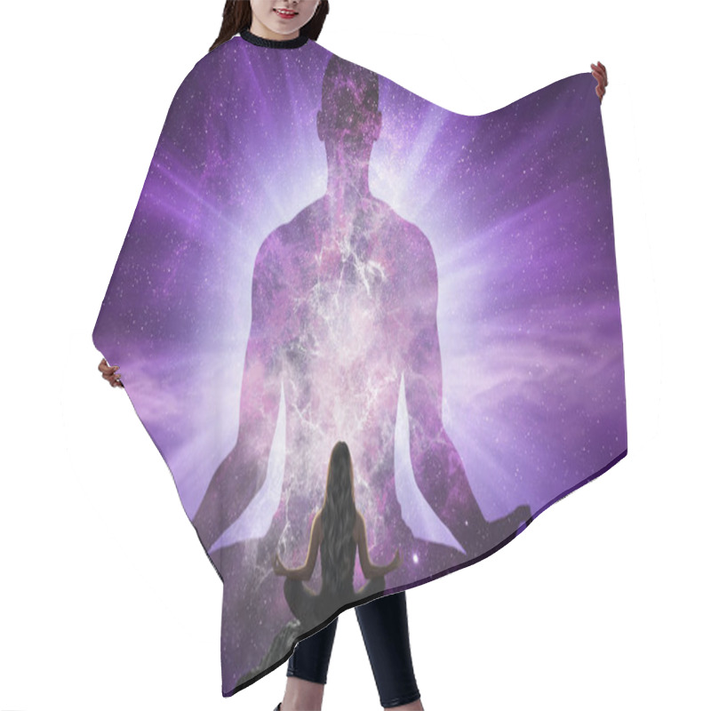 Personality  Woman Doing Yoga In Front Of Giant Silhouette Of Man With Universe Hair Cutting Cape