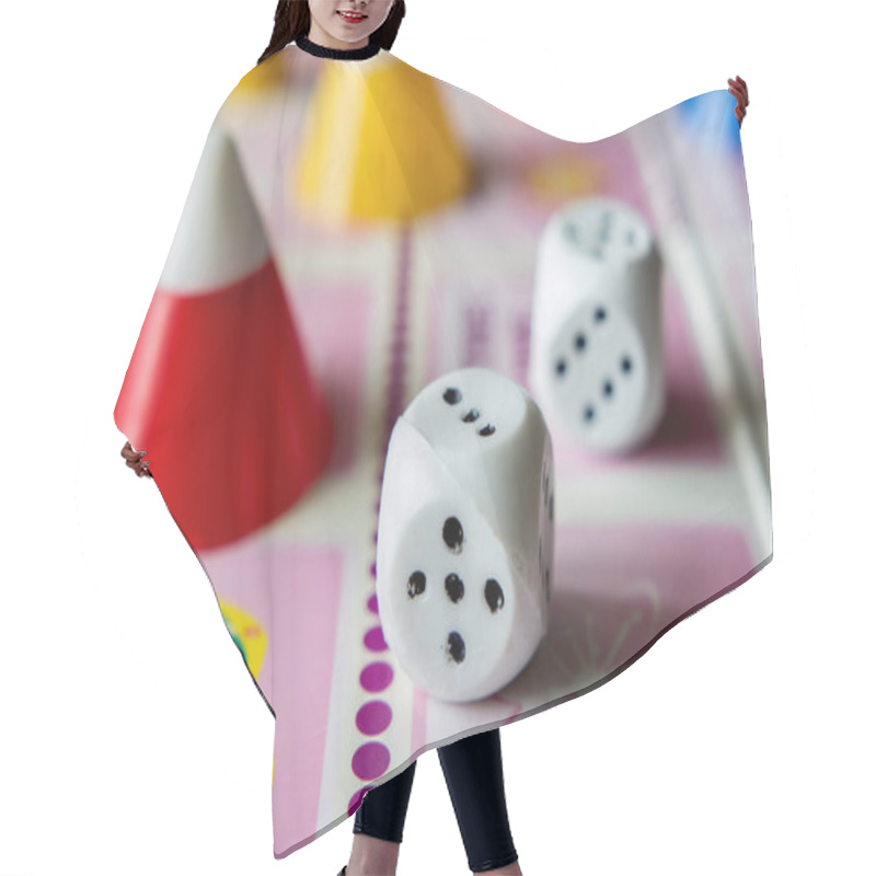 Personality  Concept Of Board Games. Dice, Chips And Cards On A Pink Background Hair Cutting Cape