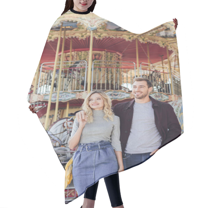 Personality  Affectionate Couple In Autumn Outfit Hugging Near Carousel In Amusement Park Hair Cutting Cape