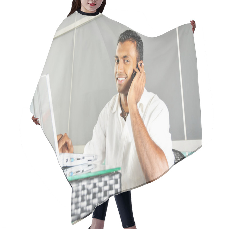 Personality  Indian Man With Laptop Talking On Phone Hair Cutting Cape