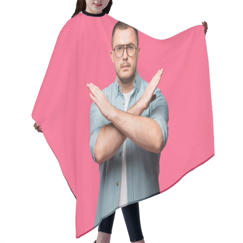 Personality  Young Man Gesturing No With Crossed Arms And Looking At Camera Isolated On Pink  Hair Cutting Cape