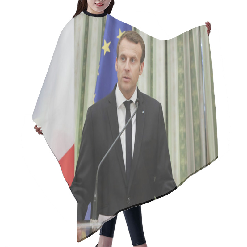 Personality  French President Emmanuel Macron With His Wife Brigitte Tronier  Hair Cutting Cape