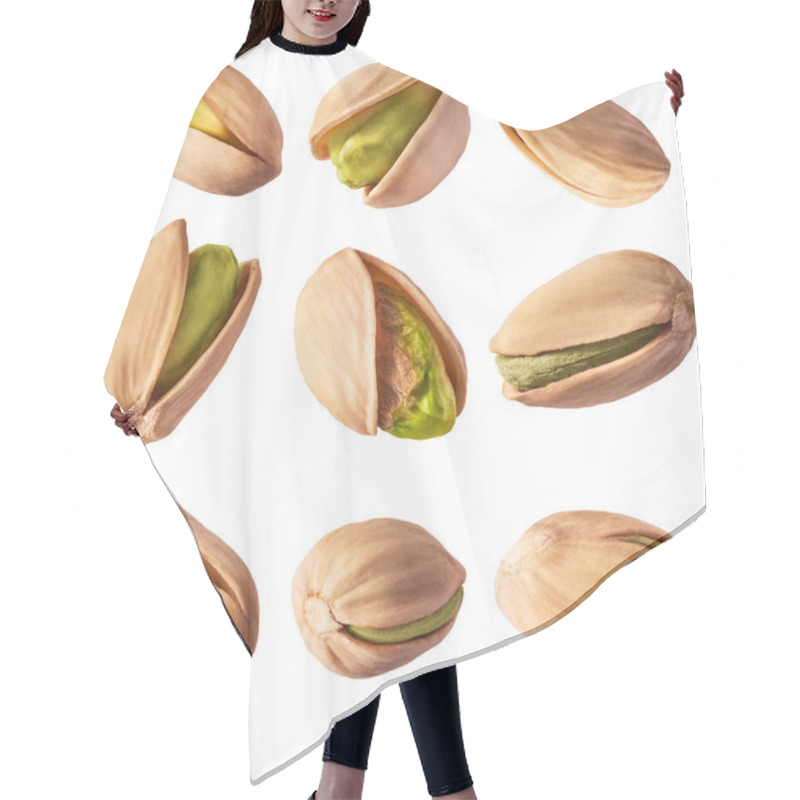 Personality  A Set With Fresh Raw Pistachios Isolated On White Background. Hair Cutting Cape