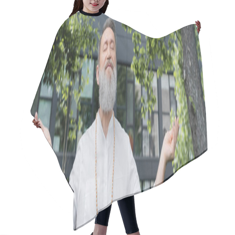 Personality  Bearded Spiritual Coach In Beads Meditating With Closed Eyes Outdoors, Banner Hair Cutting Cape