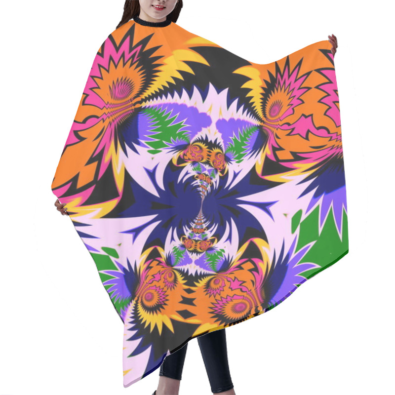 Personality  Psychedelic Fractal Shock Pattern. Pop Style Craft. Cool Cyber Warp. Made In Full Frame. Chaotic Artsy Mess. Virtual Shape Dream. Fancy Clutter Decor. Odd Hypnotic Trance. Fun Diminishing Curl Shapes. Hair Cutting Cape