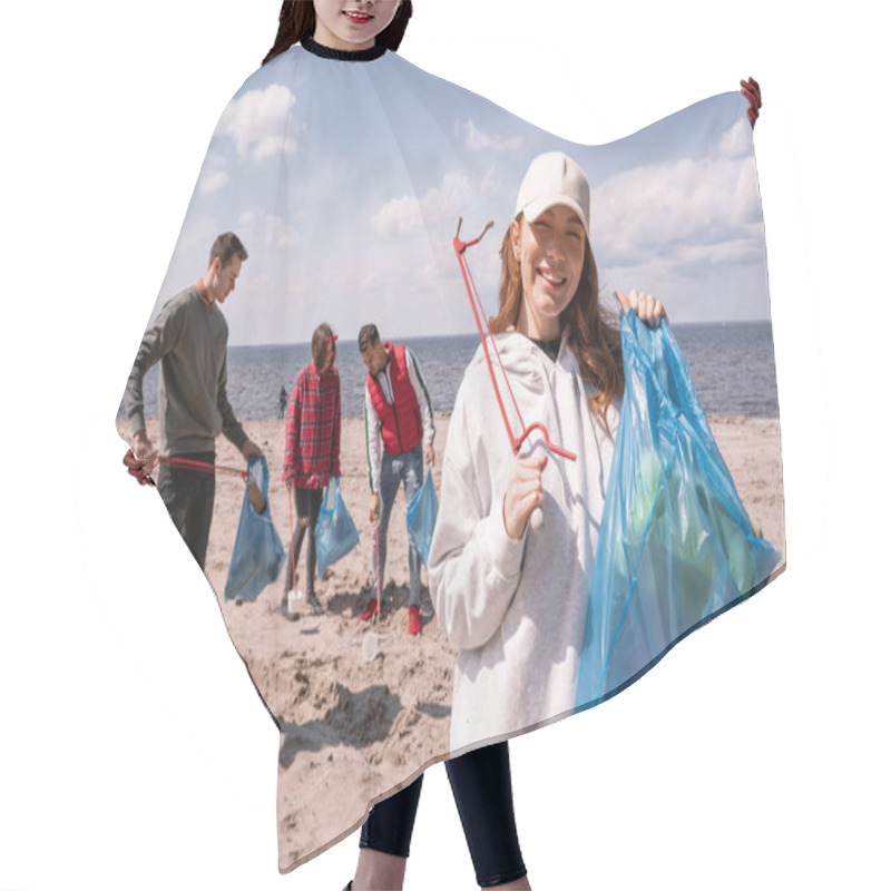 Personality  Happy Woman Holding Trash Bag And Pick Up Tool Near Group Of Volunteers  Hair Cutting Cape