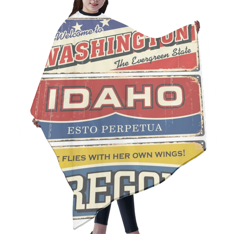 Personality  Vintage Tin Sign Collection With America State. Washington. Idaho. Oregon. South. North. Retro Souvenirs Or Postcard Templates On Rust Background. Hair Cutting Cape